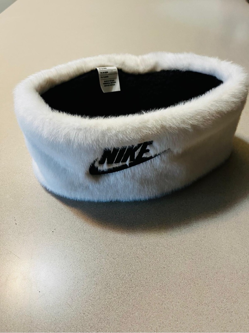 Nike White Faux Fur Headband with Black Logo
